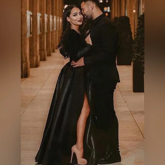 Long Sleeve Velvet Satin V Neck Formal Dress High Split Evening Gown Poc… - Picture 6 of 9